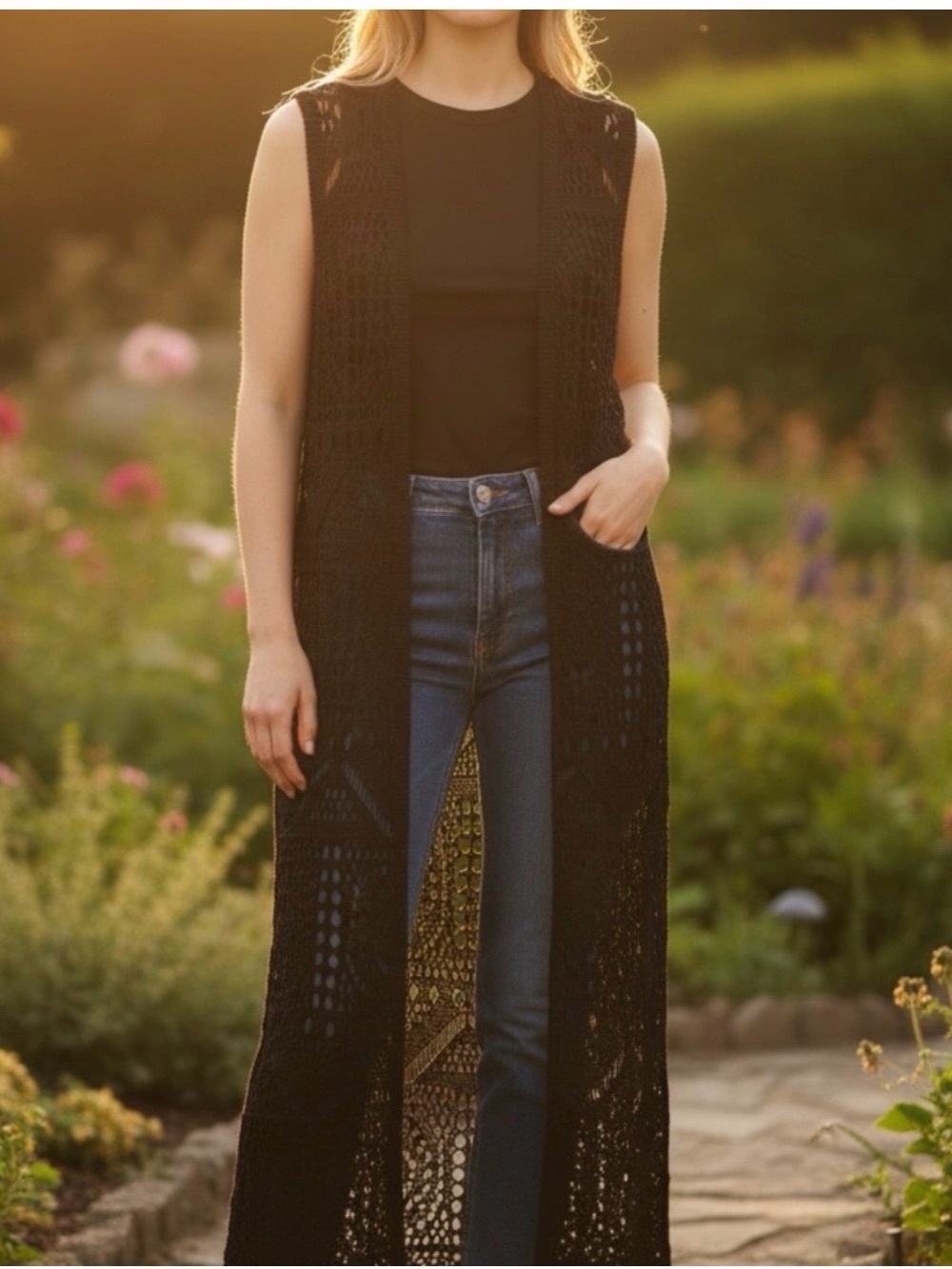 Chelsea & Theodore Black Crochet Long Vest